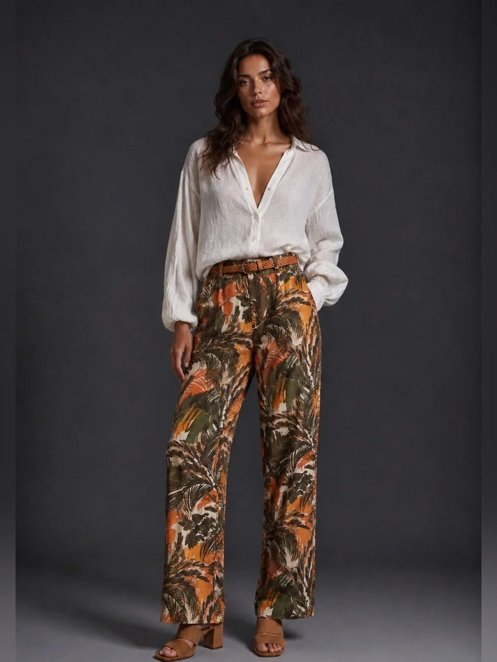 Men's Tropical Print Casual Pants - Orange/Green